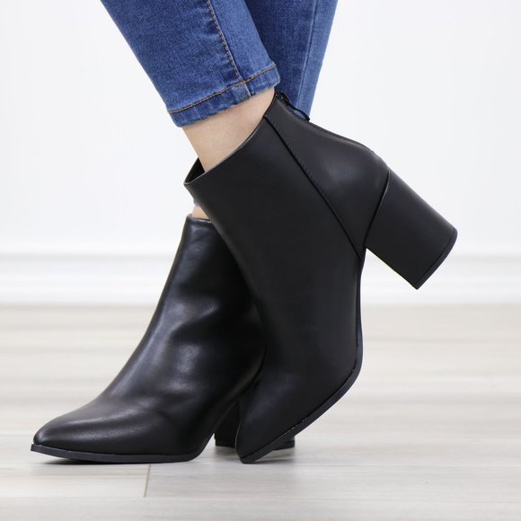 Block Low Heel Above Ankle Boots Pointed Toes Black Synthetic Leather - Picture 8 of 12